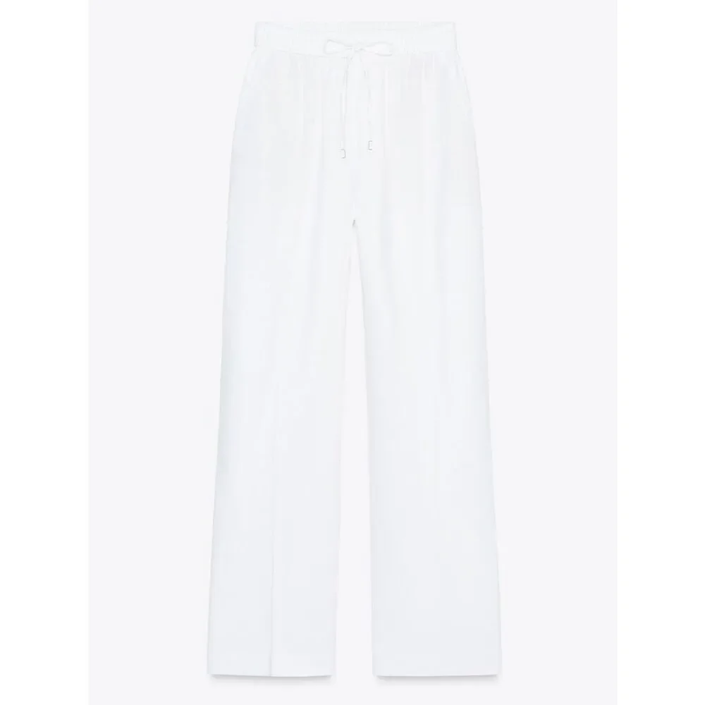 ZARA LINEN BLEND STRAIGHT PANTS OYSTER-WHITE